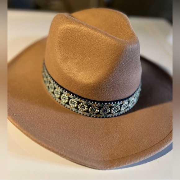 Accessories - Tan Felt Hat with Embroidered Band